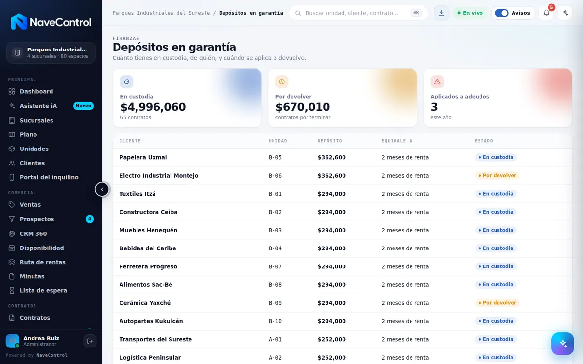 Módulo Depósitos en garantía de NaveControl