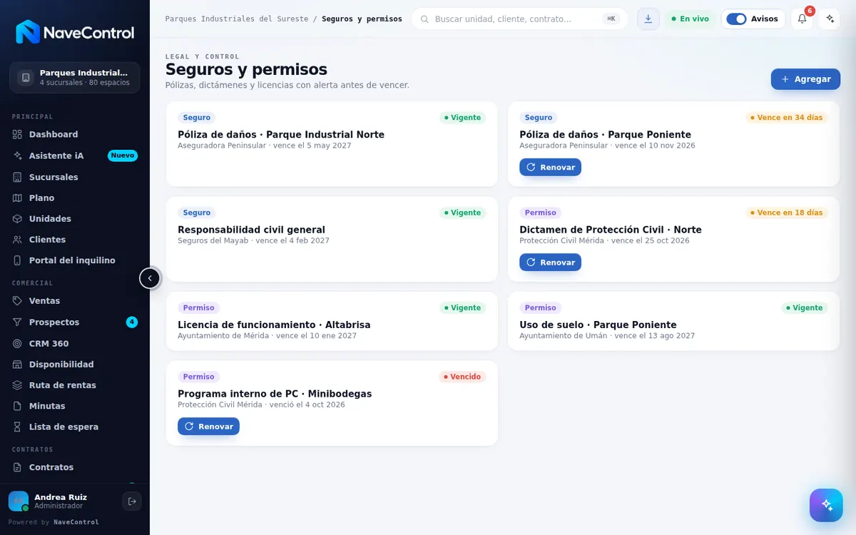 Módulo Seguros y permisos de NaveControl